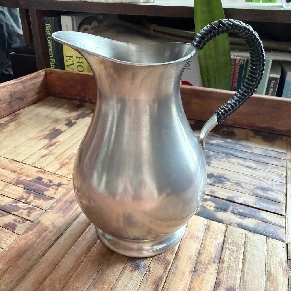 Vintage Meeuws & Zoon Pewter Pitcher – The Hague, Holland – Woven Rattan Handle
